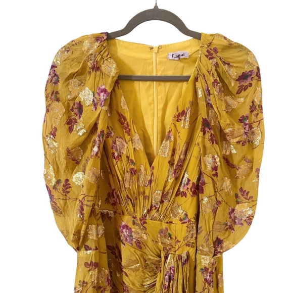 Flor et. al Cocktail Mini Dress Ruffle Floral Yellow Metallic Sz 4 - Picture 5 of 12